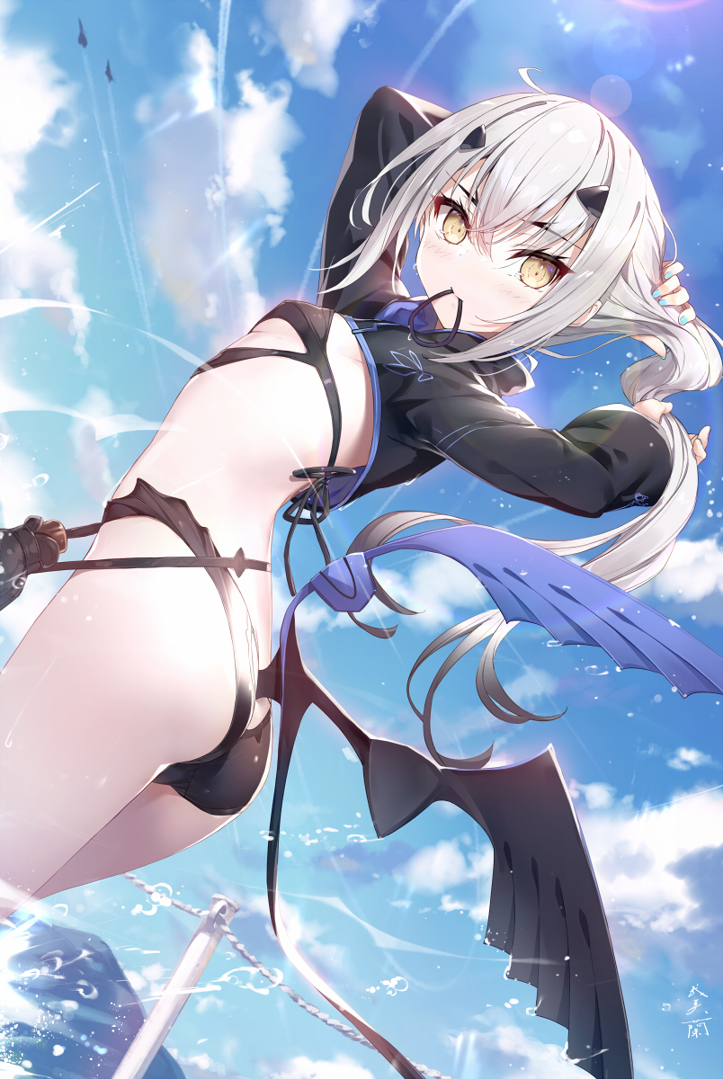 1girl ass bikini black_bikini black_jacket blue_sky breasts cropped_jacket dragon_wings fate/grand_order fate_(series) forked_eyebrows gabiran highres jacket long_hair long_sleeves looking_back melusine_(fate) melusine_(swimsuit_ruler)_(fate) melusine_(swimsuit_ruler)_(first_ascension)_(fate) mouth_hold shrug_(clothing) sidelocks sky small_breasts solo swimsuit tail thighlet thighs tying_hair water white_hair wings yellow_eyes