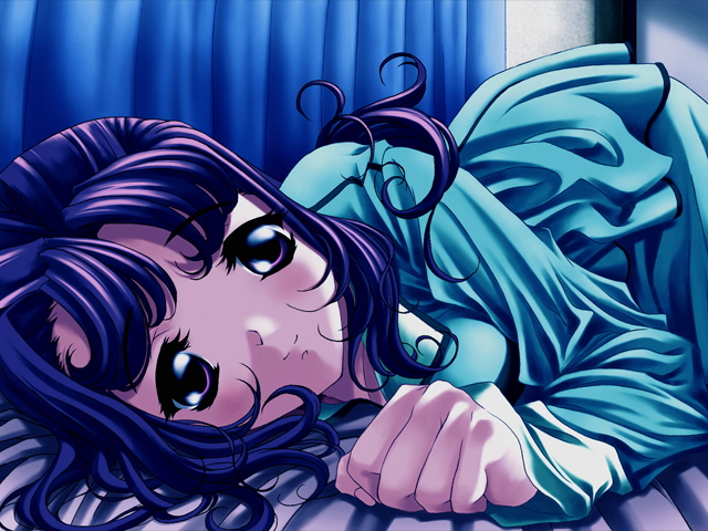 1girl bed brown_hair game_cg konsu_konsuke maria_(private_nurse) pajamas private_nurse