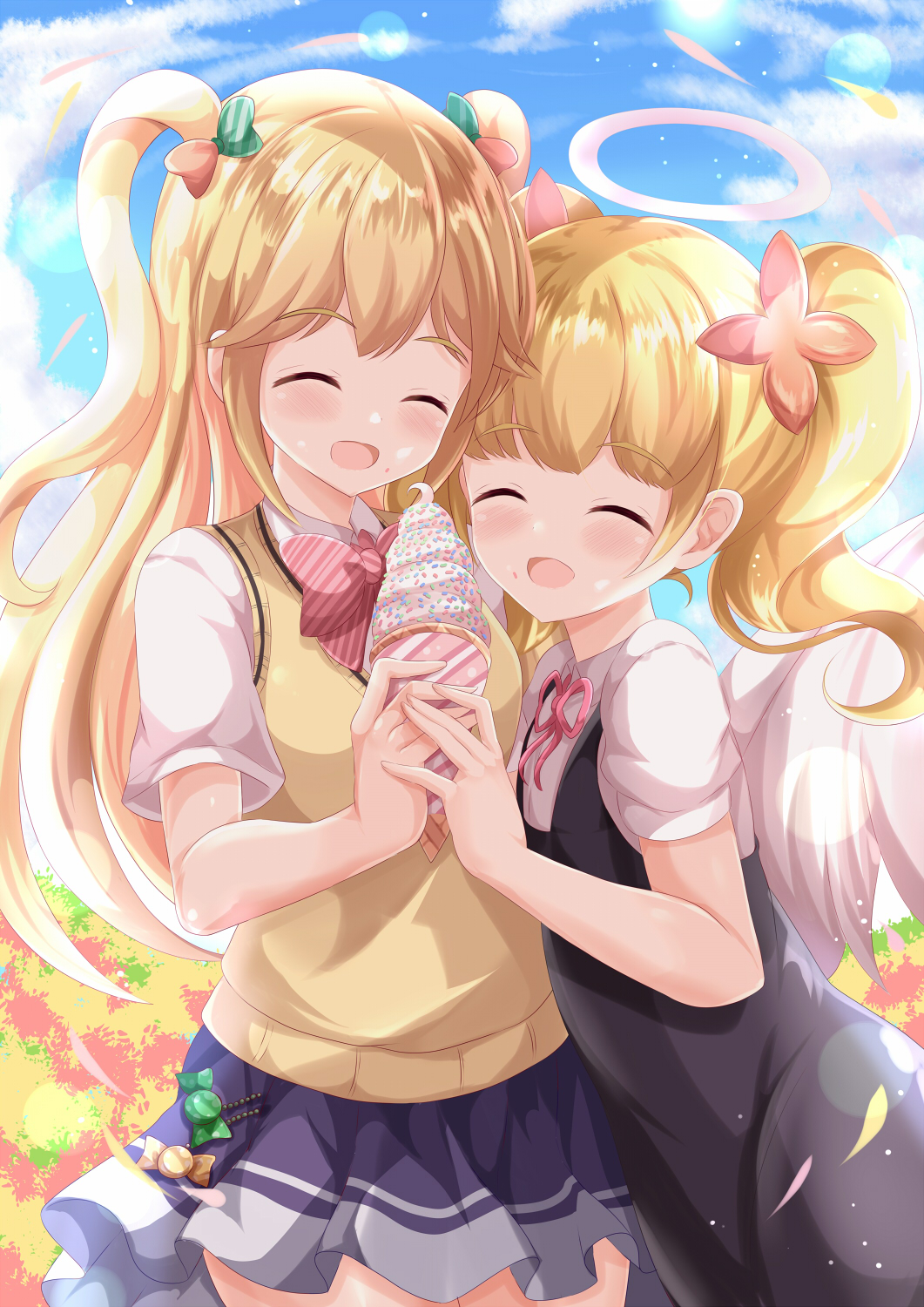 2girls :d ^_^ black_dress blue_skirt blue_sky blush closed_eyes cloud cloudy_sky collared_shirt commentary_request commission crossover day dress feathered_wings flower food fujisawa_yuzu hair_flower hair_ornament halo highres holding holding_food ice_cream ice_cream_cone long_hair multiple_girls ongeki outdoors pink_flower poet_(pop'n_music) pop'n_music puffy_short_sleeves puffy_sleeves shirt short_sleeves skeb_commission skirt sky sleeveless sleeveless_dress smile soft_serve sweater_vest twintails two_side_up very_long_hair white_shirt white_wings wings xenon_(for_achieve)