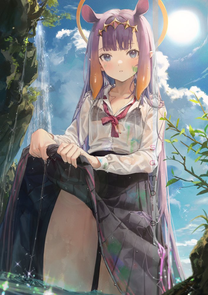 1girl black_bra black_skirt blue_eyes blush bra cloud commentary day diamond_hairband douya_(233) hololive looking_at_viewer mole mole_under_eye multicolored_hair neckerchief ninomae_ina'nis orange_hair outdoors parted_lips pleated_skirt pointy_ears purple_hair red_neckerchief sample_watermark school_uniform see-through shirt skirt skirt_hold solo sun symbol-only_commentary tentacle_hair thighs two-tone_hair underwear virtual_youtuber wading water_drop watermark wet wet_clothes white_shirt wringing_clothes
