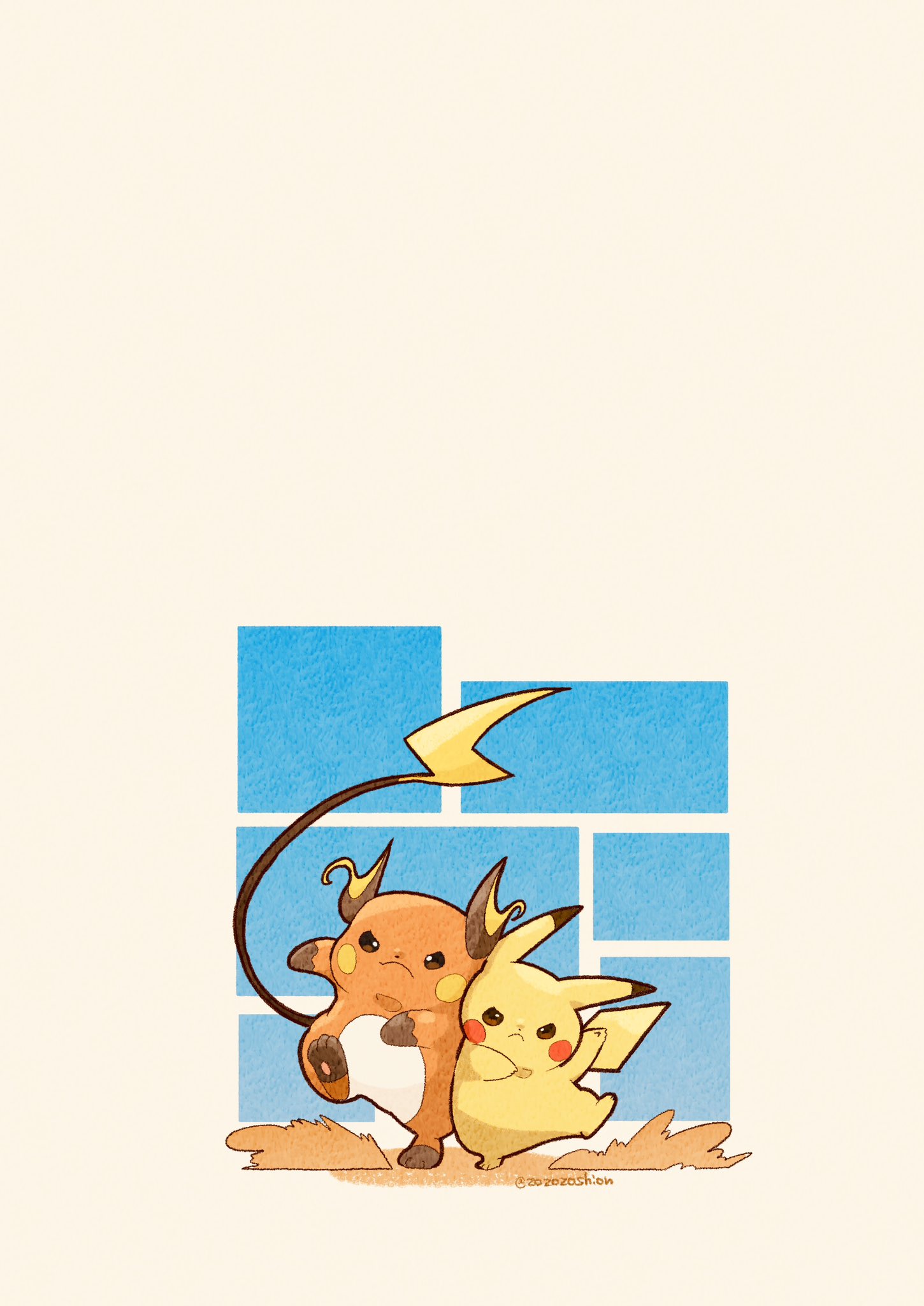animal_focus artist_name blue_background colored_skin commentary_request evolutionary_line frown highres no_humans orange_skin pawpads pikachu pokemon pokemon_(creature) raichu simple_background tail twitter_username v-shaped_eyebrows white_background yellow_skin zozozoshion