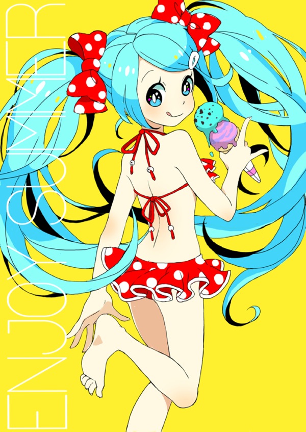 1girl ayuyu_(baby) bare_back barefoot bikini blue_eyes blue_hair bow bright_pupils double_scoop english_text eyelashes food hair_ornament hairclip hatsune_miku holding_ice_cream_cone ice_cream licking_lips long_hair looking_back polka_dot polka_dot_bikini polka_dot_bow red_ribbon ribbon swimsuit tongue tongue_out twintails very_long_hair vocaloid white_pupils yellow_background