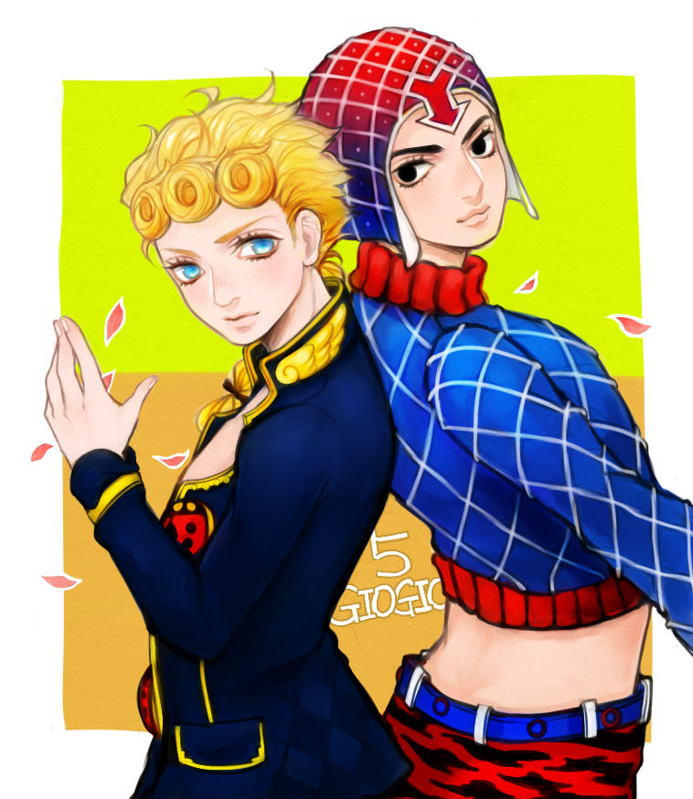 argyle argyle_sweater bad_id bad_twitter_id black_eyes black_hair blonde_hair blue_eyes giorno_giovanna guido_mista hat jojo_no_kimyou_na_bouken medemoisellecu midriff multiple_boys petals sweater turtleneck