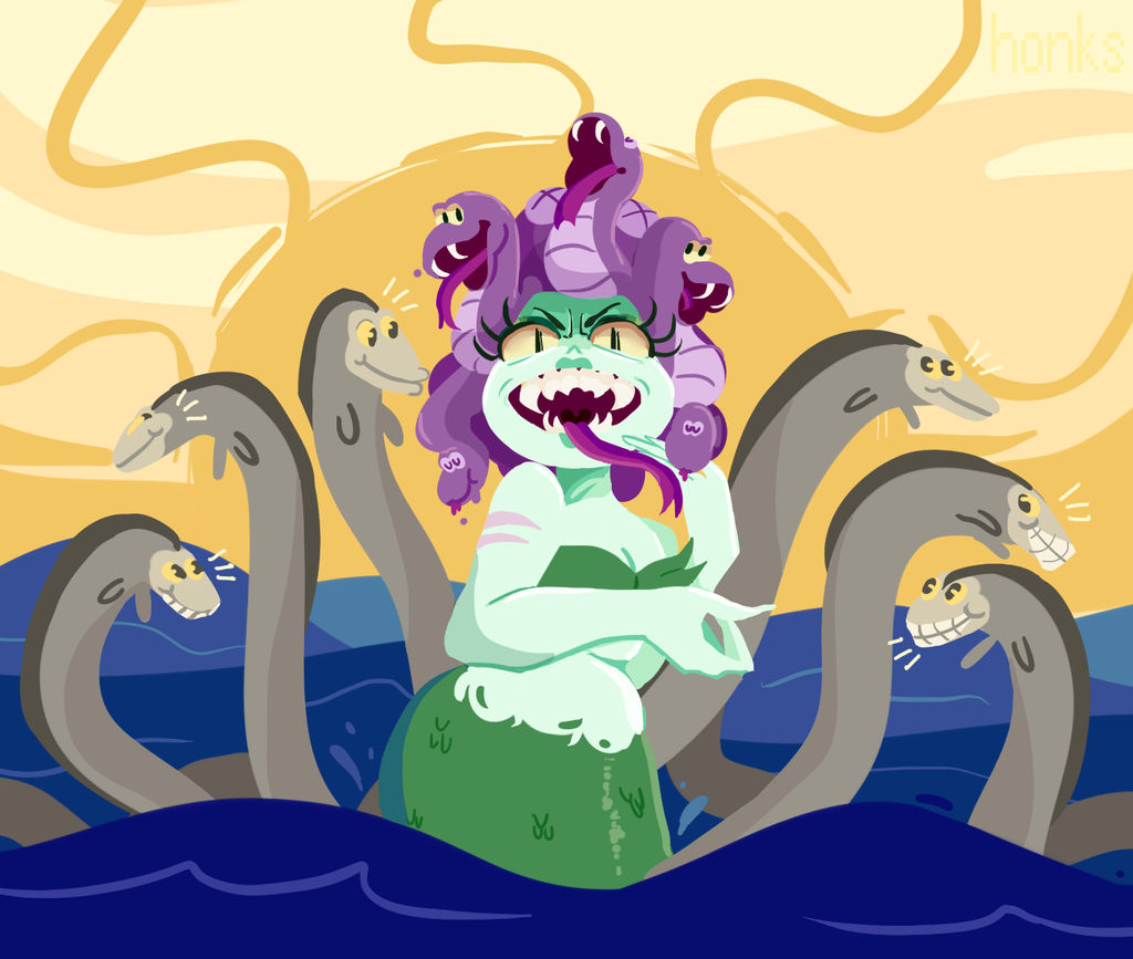 1girl bare_arms bare_shoulders cala_maria_(cuphead) colored_sclera colored_skin cowboy_shot cuphead_(game) eel eyeshadow fangs forked_tongue green_eyeshadow green_skin h0nks hand_on_own_cheek hand_on_own_face looking_at_viewer makeup mermaid monster_girl navel ocean octopus open_mouth scar scar_on_arm sharp_teeth shell shell_bikini slit_pupils snake snake_hair solo sun teeth tentacle_hair tongue tongue_out yellow_sclera