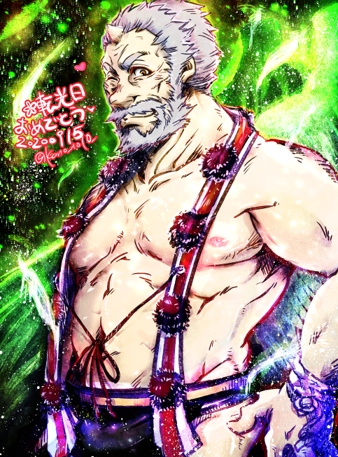 1boy bara beard closed_mouth commentary_request facial_hair feathered_wings feathers green_background green_wings grey_hair hakama heart hogen_(housamo) horns inset_border japanese_clothes kano_(kano_to10) looking_at_viewer male_focus muscular muscular_male nipples old old_man one_eye_closed pectorals pom_pom_(clothes) revision sash short_hair single_horn smile solo thick_eyebrows tokyo_afterschool_summoners translation_request upper_body wings yellow_eyes