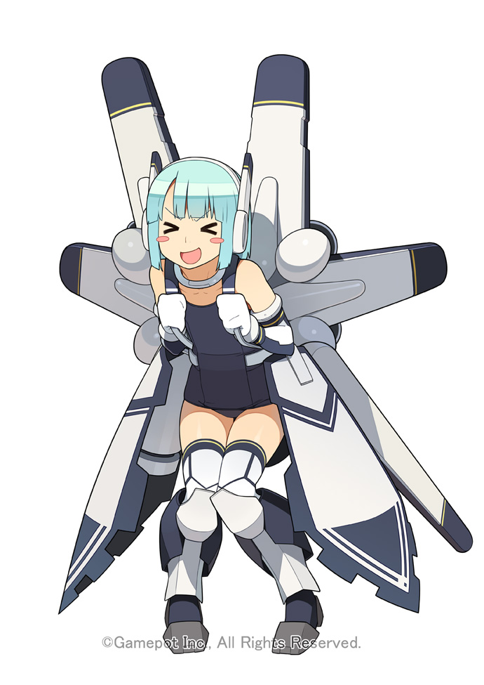 &gt;_&lt; :d aqua_hair blush_stickers closed_eyes elbow_gloves gloves go_robots mecha_musume one-piece_swimsuit open_mouth school_swimsuit short_hair smile solo swimsuit thighhighs waguruma! xd zettai_ryouiki
