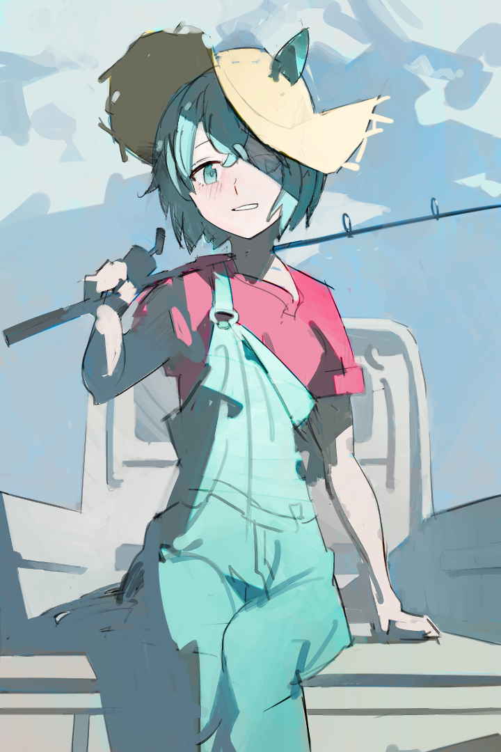 1girl animal_ears aqua_hair aqua_pants arm_support crossed_bangs day feet_out_of_frame fishing_rod green_eyes hat holding holding_fishing_rod horse_ears horse_girl light_blush looking_at_viewer motor_vehicle oteyawara-kani over_shoulder pants pickup_truck red_shirt seiun_sky_(umamusume) shade shadow shirt short_hair short_sleeves sitting sitting_on_car sketch smile solo straw_hat suspenders suspenders_slip truck umamusume