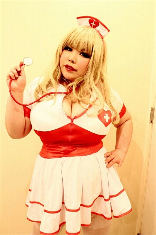 1girl asian blonde_hair breasts cleavage fat huge_breasts luu_(cosplayer) nurse photo solo stethoscope