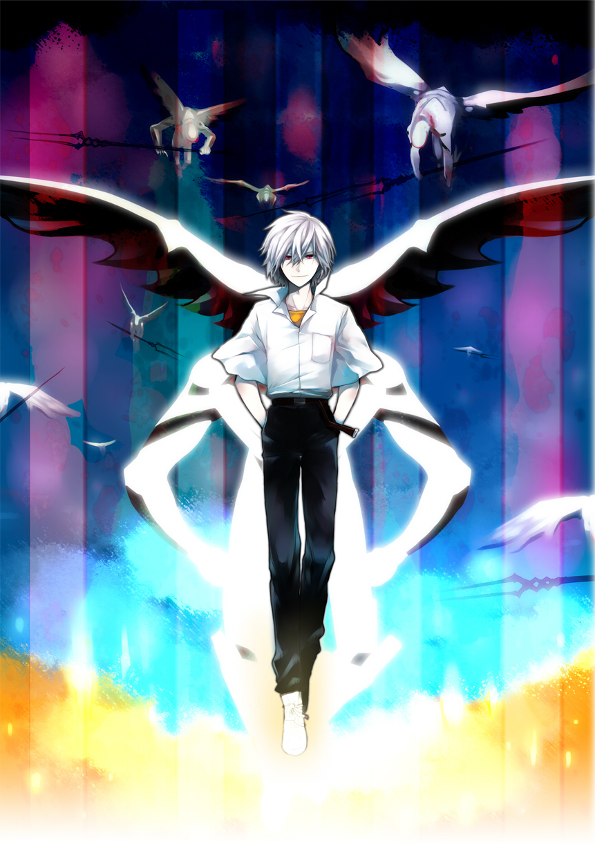 bad_id bad_pixiv_id hand_in_pocket highres ichito_(yuhita) male_focus mass_production_eva nagisa_kaworu neon_genesis_evangelion red_eyes school_uniform smile solo white_hair