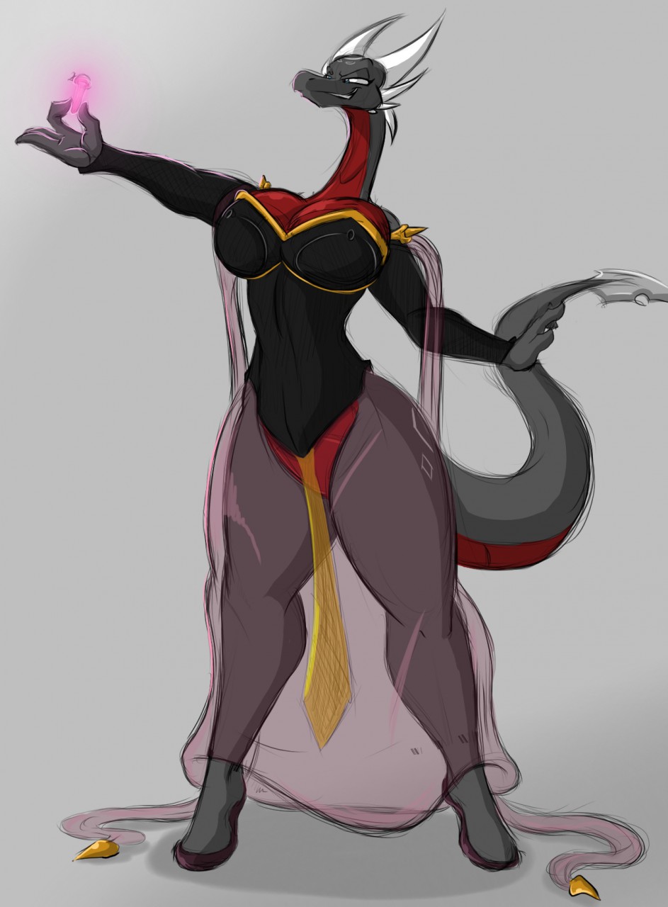 2016 anthro bartok_the_magnificent big_breasts breasts claws cleavage clothed clothing costume cynder dragon female footwear glowing gown high_heels horn loincloth long_neck navel potion scale scalie shinysteel shoes simple_background smile solo spyro_the_dragon teeth thick_thighs translucent vial video_games wide_hips