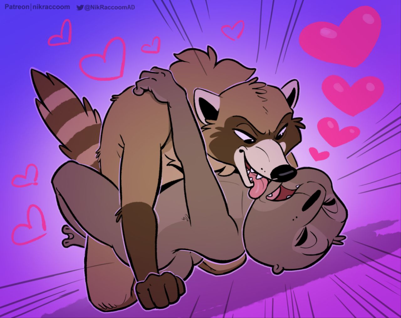 &lt;3 anthro black_nose brown_body brown_fur duo eyes_closed fangs felix_(nik159) fur fur_markings male male/male mammal markings mustelid nik_(nik159) nikraccoom nude nude_anthro nude_male open_mouth otter procyonid raccoon striped_markings striped_tail stripes tail tail_markings teeth tongue tongue_out
