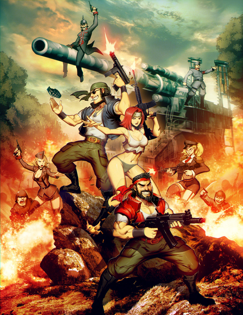 3girls 5boys aiming angry bandana batlle beard bikini blonde_hair boots cannon character_request clenched_teeth cloud cover explosive facial_hair fire firing genzoman germany grenade grin gun handgun helmet highres jolly_roger knife kraut_busters manly mercenary military military_uniform multiple_boys multiple_girls mustache necktie neo_geo officer official_art promotional_art red_hair rock shouting smile soldier submachine_gun sunglasses swimsuit tank_top teeth uniform vest video_game_cover weapon