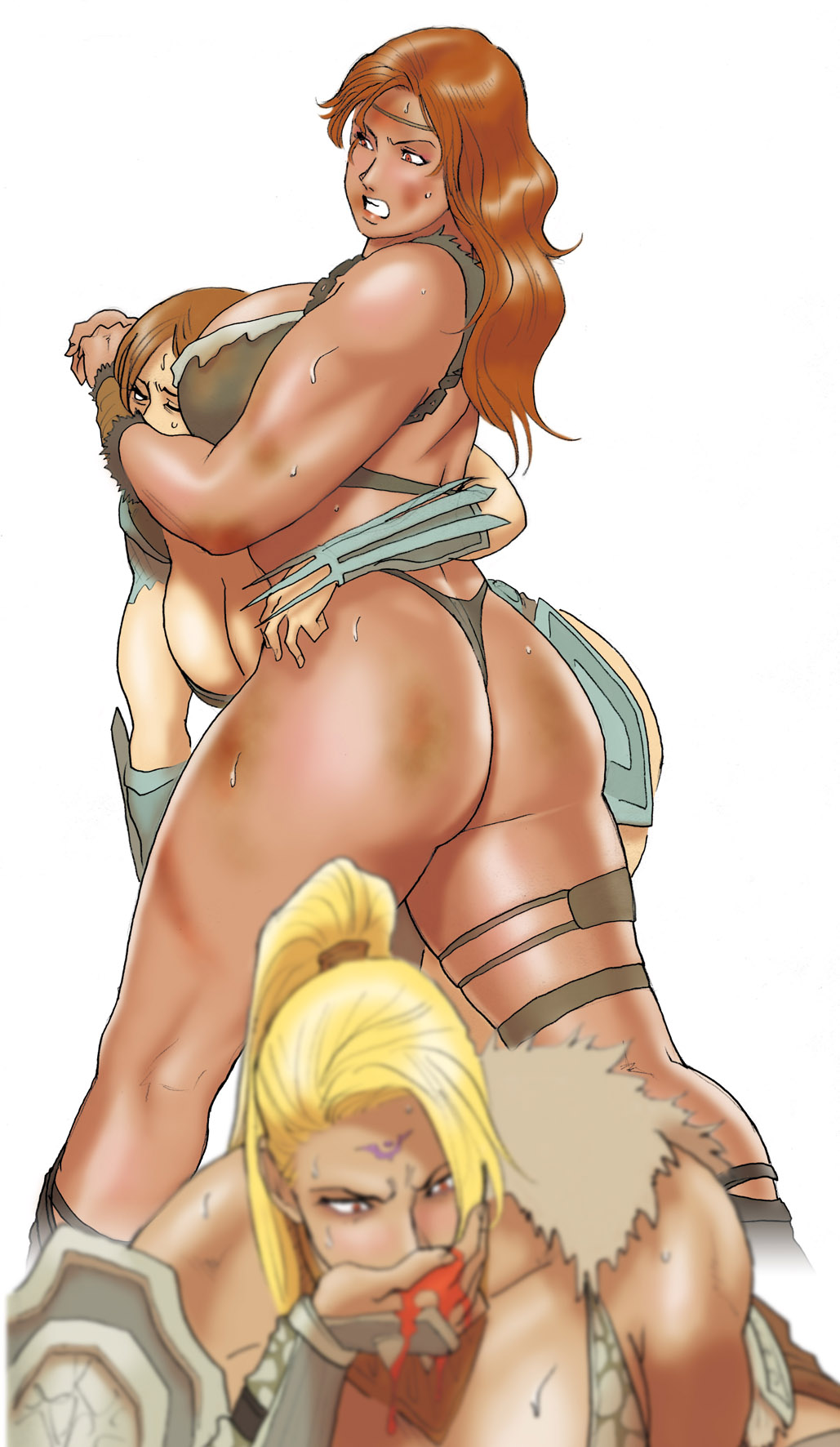 ass barbarian_(diablo_3) blonde_hair blood boots breasts brown_hair bruise diablo diablo_3 highres injury large_breasts long_hair multiple_girls muscle nappii_(nappy_happy) ponytail red_eyes red_hair ryona thick_thighs thighs