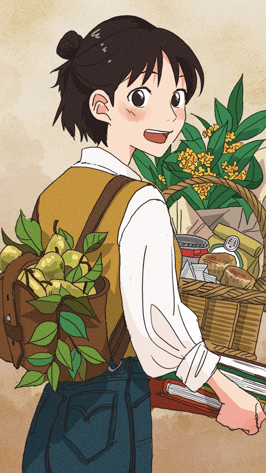 1girl :d backpack bag basket book book_stack bouquet breasts brown_background cameo can character_print character_request collared_shirt copyright_request cowboy_shot denim flower food from_behind fruit hair_bun half_updo highres holding holding_book jeans kaonashi leaf long_sleeves looking_at_viewer open_mouth pants paper_bag puffy_long_sleeves puffy_sleeves rikaco1988 sen_to_chihiro_no_kamikakushi shirt short_hair single_hair_bun smile solo studio_ghibli vest white_shirt yellow_flower yellow_vest