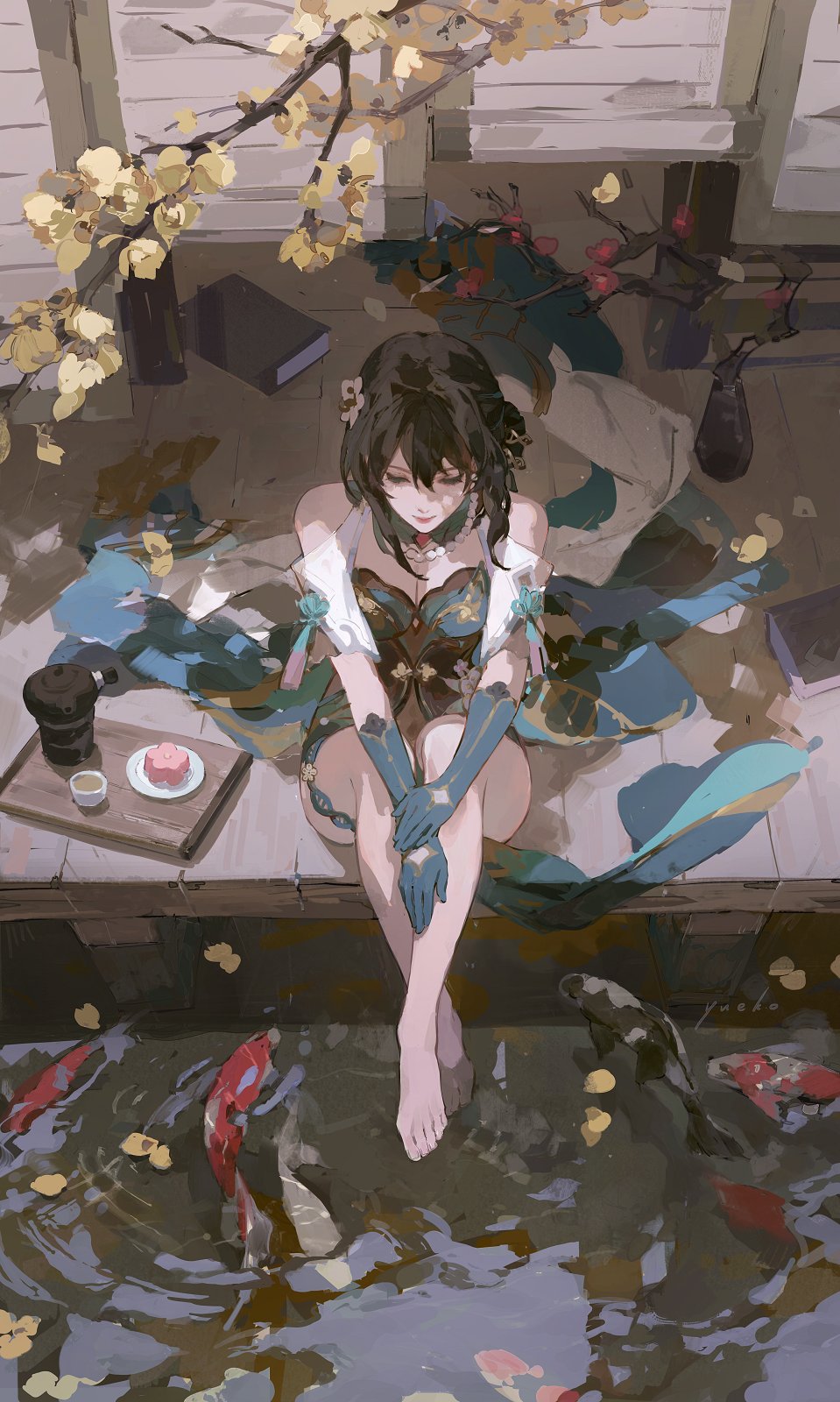 1girl architecture bare_shoulders book brown_hair closed_mouth cup dress east_asian_architecture flower flower_pot from_above full_body gloves grey_dress highres honkai:_star_rail honkai_(series) jewelry koi necklace pearl_necklace pond ruan_mei_(honkai:_star_rail) short_hair sidelocks solo tea teacup teapot yueko_(jiayue_wu)