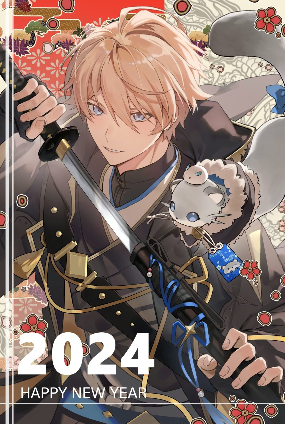 2024 animal_on_shoulder blonde_hair blue_eyes ferret hair_between_eyes happy_new_year highres hiyamaru holding holding_sword holding_weapon holostars japanese_clothes kishido_temma looking_at_viewer male_focus sheath short_hair smile solo sword unsheathing upper_body virtual_youtuber weapon yonsang_(swordmaster)