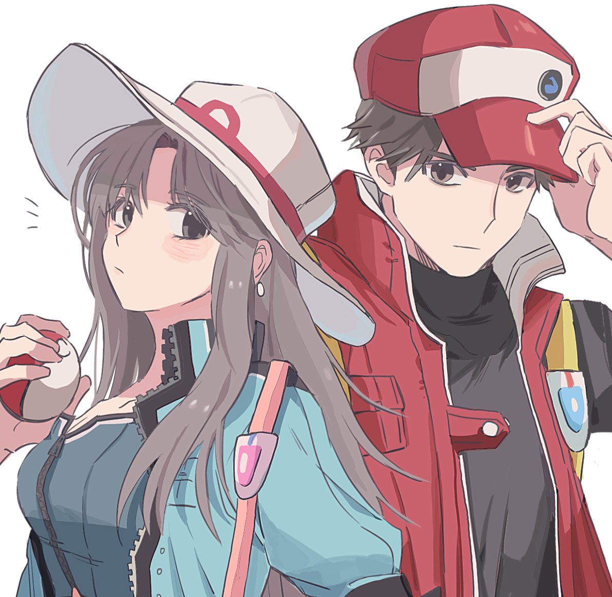 1boy 1girl alternate_costume blush brown_hair closed_mouth coat commentary_request eyelashes green_jacket hand_on_headwear hat holding holding_poke_ball jacket korean_commentary leaf_(pokemon) long_hair memoji_7672 notice_lines open_clothes open_coat poke_ball poke_ball_(basic) pokemon pokemon_frlg pokemon_masters_ex red_(pokemon) red_(sygna_suit)_(pokemon) red_coat red_headwear short_hair sidelocks simple_background sleeveless sleeveless_coat vs_seeker white_background white_headwear zipper zipper_pull_tab