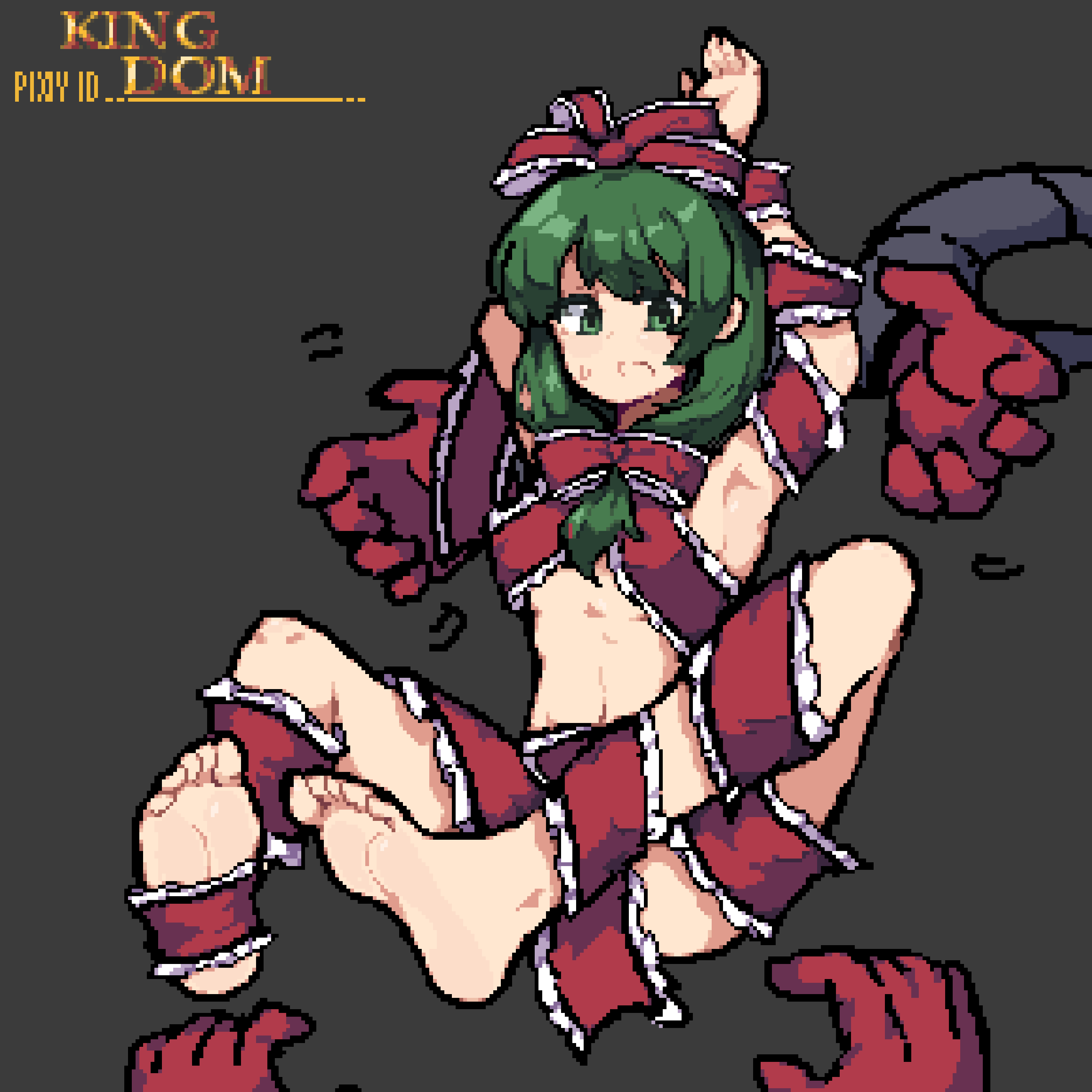 1girl absurdres artist_name barefoot bound bow frilled_bow frilled_ribbon frills full_body green_eyes green_hair grey_background highres kagiyama_hina kingdom_(user_ysav4824) open_mouth red_ribbon ribbon solo tickling touhou