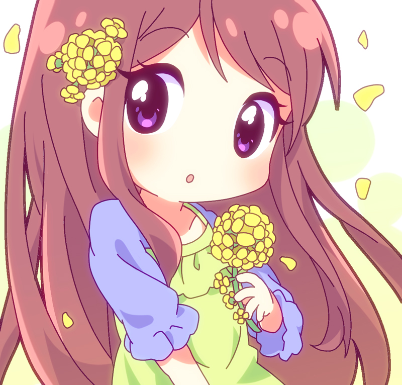 :o aikatsu! aikatsu!_(series) brown_hair chibi flower long_hair mirai_(sugar) open_mouth purple_eyes shibuki_ran solo