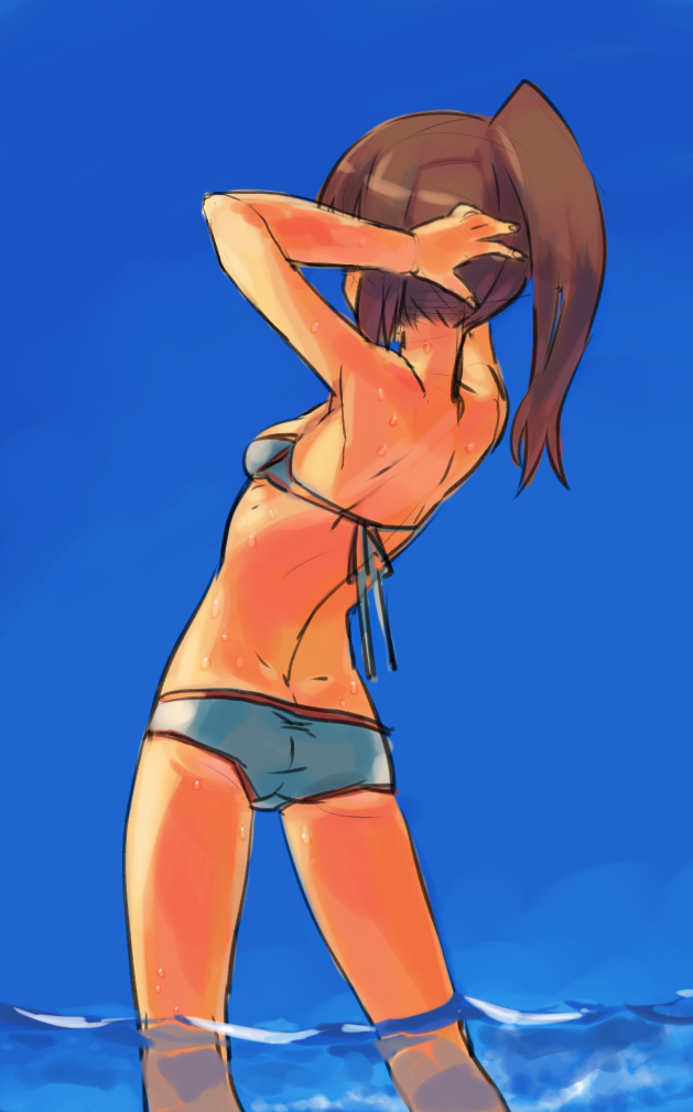 adjusting_hair arched_back armpits arms_up ass bare_shoulders bikini brown_hair day from_behind long_hair original ponytail s.o_chin sketch sky solo swimsuit wading water wet