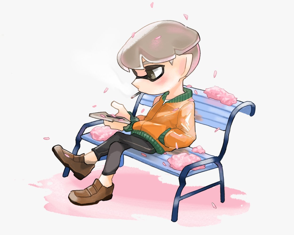 1boy brown_footwear cellphone cherry_blossoms cigarette commentary_request crossed_legs full_body grey_eyes grey_hair hand_in_pocket holding holding_phone inkling inkling_boy jacket on_bench orange_jacket phone pointy_ears shoes short_hair sitting smoking solo spl8ya splatoon_(series) tentacle_hair white_background