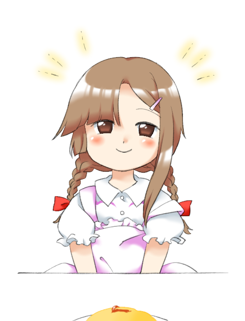 1girl apron blush braid brown_eyes brown_hair closed_mouth food hair_ornament hair_ribbon hairclip ketchup long_hair looking_at_viewer nonamejd official_style omelet pink_apron plate puffy_short_sleeves puffy_sleeves red_ribbon ribbon rika_(touhou) short_sleeves simple_background smile solo touhou touhou_(pc-98) twin_braids white_background zun_(style)