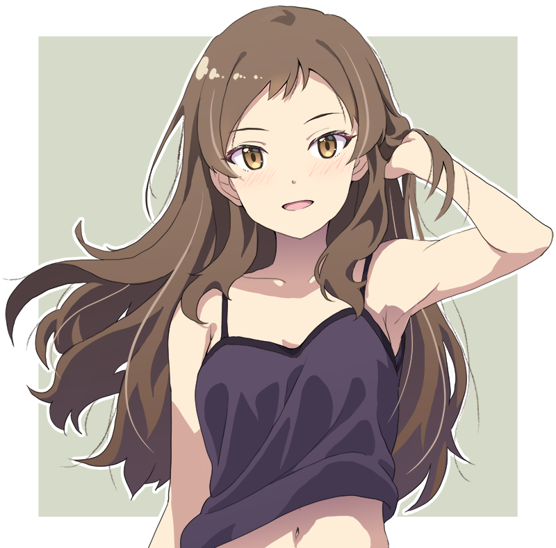 1girl adjusting_hair arm_at_side arm_up armpits bare_shoulders birthday blush border breasts brown_eyes brown_hair cleavage collarbone commentary_request crop_top crop_top_overhang dot_nose eyelashes green_background hand_in_own_hair hand_up idolmaster idolmaster_million_live! kitazawa_shiho light_smile long_hair looking_at_viewer medium_breasts midriff minasato_hibiki navel outline outside_border parted_bangs purple_tank_top short_bangs sidelocks simple_background sleeveless solo straight-on straight_hair swept_bangs tank_top upper_body white_border white_outline