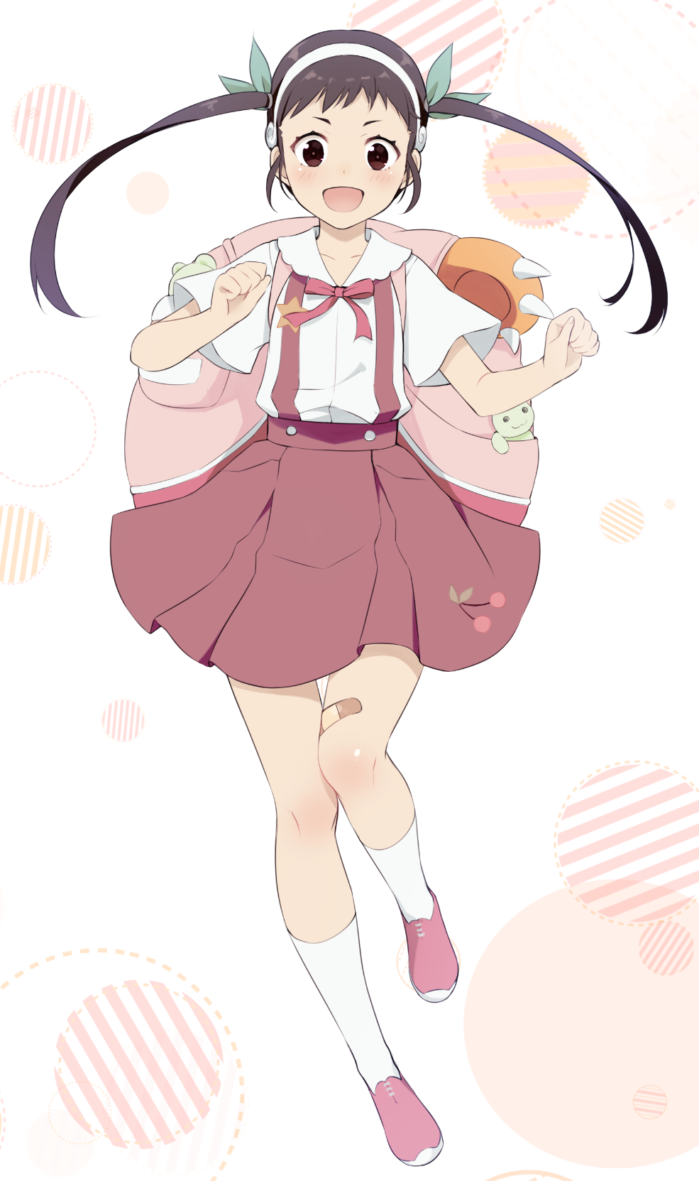 1girl backpack bag bakemonogatari bandaid bandaid_on_leg black_eyes black_hair blush e_(eokiba) full_body hachikuji_mayoi hairband highres long_hair looking_at_viewer monogatari_(series) open_mouth shirt skirt smile solo suspender_skirt suspenders twintails white_shirt