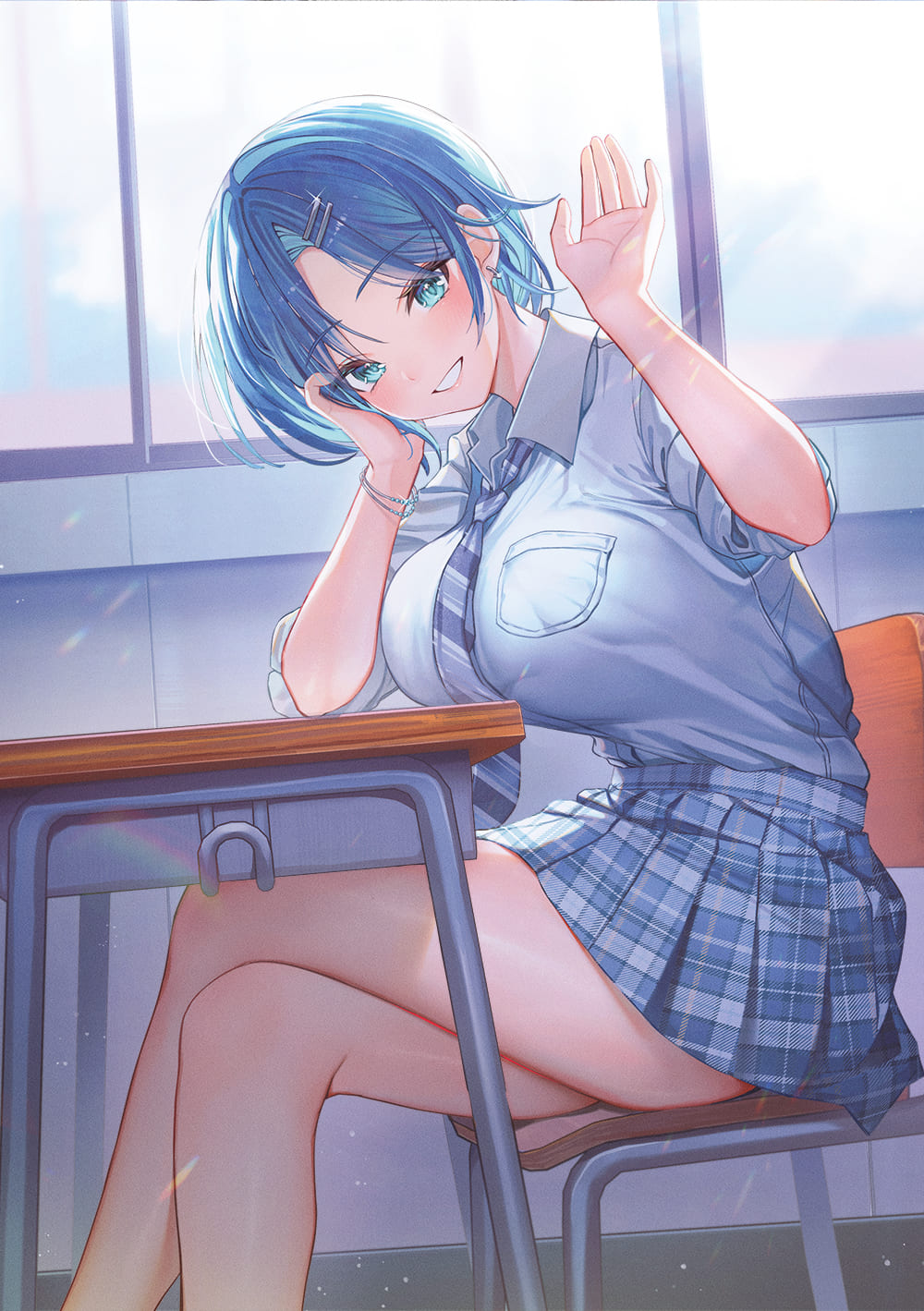 1girl bare_legs blue_eyes blue_hair blue_necktie blue_skirt bracelet breast_rest breasts chair character_request classroom clenched_teeth collared_shirt crossed_legs desk diagonal-striped_clothes diagonal-striped_necktie earrings feet_out_of_frame hair_ornament hairpin head_rest highres huge_breasts indoors jewelry kanojo_wo_ubatta_ikemen_bishouji_ga_nazeka_oremade_nerattekuru legs looking_at_viewer miniskirt necktie on_chair plaid plaid_skirt pleated_skirt sanada_keisui school_chair school_desk second-party_source shirt shirt_tucked_in short_hair skirt sleeves_rolled_up smile solo striped_clothes sunlight teeth thighs waving white_shirt window