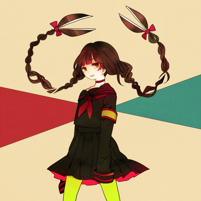 armband bow braid hair_bow long_hair neck_ribbon original pantyhose pekikokko ribbon school_uniform scissors serafuku skirt sleeves_past_wrists solo twin_braids very_long_hair