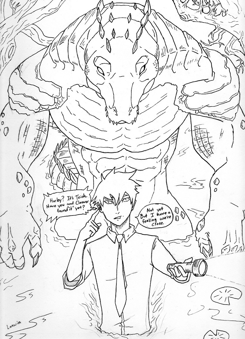 5_fingers abs anthro biped bottomless censored censored_genitalia claws clothed clothing crocodile crocodilian crocodylid dialogue duo fingers flashlight harley_spyker_(lanwin) humanoid lanwin lily_pad male monochrome muscular muscular_anthro muscular_male necktie nude nude_anthro outside pecs plant reptile scales scalie sharp_teeth shirt signature size_difference speech_bubble spikes spikes_(anatomy) tail teeth text topless topwear traditional_media_(artwork) tree water