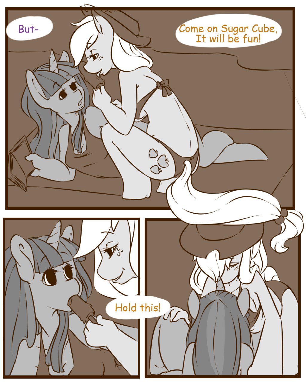 2013 anthro anthrofied applejack_(mlp) cleavage clothed clothing comic cowboy_hat cutie_mark dialog duo english_text equine eye_contact female freckles friendship_is_magic hat horn horse ice_pop licking lying mammal monochrome my_little_pony on_front open_mouth pony skimpy swimsuit text tiki_san tongue twilight_sparkle_(mlp) unicorn