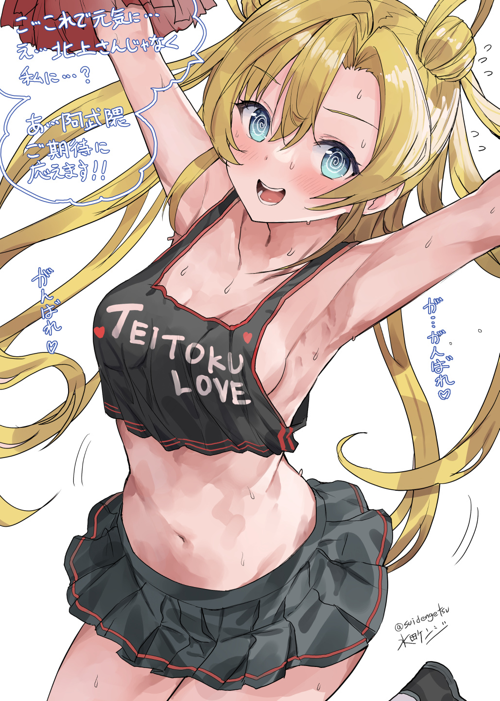 1girl abukuma_(kancolle) black_shirt black_skirt blonde_hair blue_eyes breasts cheering cheerleader clothes_writing commentary_request crop_top crop_top_overhang double_bun hair_bun hair_rings highres holding holding_pom_poms kantai_collection long_hair midriff miniskirt mizuta_kenji pleated_skirt pom_pom_(cheerleading) shirt simple_background skirt sleeveless sleeveless_shirt small_breasts solo sweat translation_request twintails very_sweaty white_background