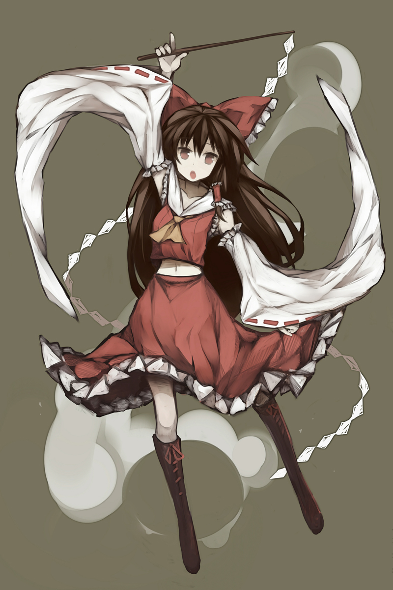 alternate_hair_length alternate_hairstyle arm_up ascot bad_id bad_pixiv_id bow brown_eyes brown_hair detached_sleeves gohei grey_background hair_bow hair_tubes hakurei_reimu highres long_hair long_sleeves looking_at_viewer midriff navel open_mouth shirt simple_background skirt skirt_set solo touhou very_long_hair wide_sleeves zen_o