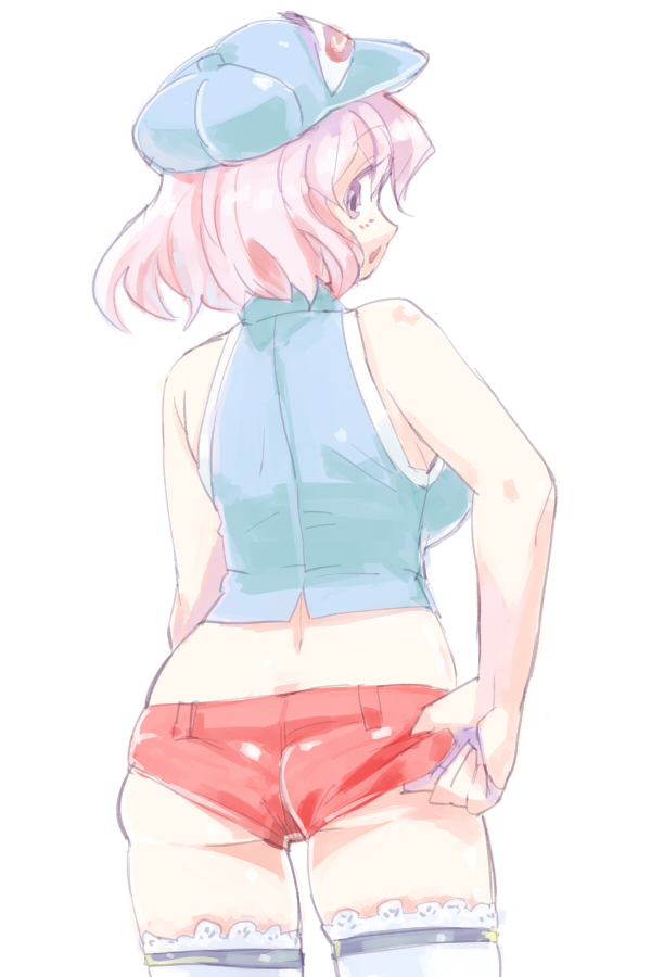 adjusting_clothes ass back bare_shoulders blush hat looking_back pink_hair saigyouji_yuyuko sape_(saperon_black) short_hair short_shorts shorts sleeveless solo thighhighs touhou