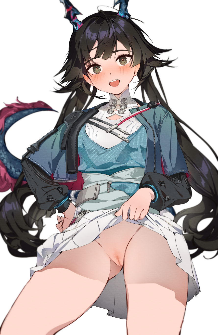 1girl ahoge arknights arknights:_endfield ass_visible_through_thighs black_eyes black_hair black_sleeves blouse blue_horns blue_jacket blue_shirt blue_tail blurry blurry_background blush breasts censored chen_qianyu_(arknights) chest_strap clothes_lift clothing_cutout commentary contrapposto cowboy_shot cropped_jacket depth_of_field dragon_girl dragon_horns dragon_tail full-length_zipper groin hand_on_own_hip happy head_tilt high_collar highres horns jacket layered_clothes layered_sleeves lifted_by_self long_hair long_sleeves looking_at_viewer low_twintails medium_breasts miniskirt mosaic_censoring multicolored_tail nashidrop no_panties open_clothes open_jacket open_mouth pleated_skirt presenting_pussy puffy_long_sleeves puffy_sleeves pussy raglan_sleeves red_pupils red_tail scales shadow shirt short_over_long_sleeves short_sleeved_jacket short_sleeves simple_background skirt skirt_lift smile solo straight_hair swept_bangs tail teeth thighs twintails upper_teeth_only variant_set very_long_hair white_background white_shirt white_skirt wide_sleeves zipper