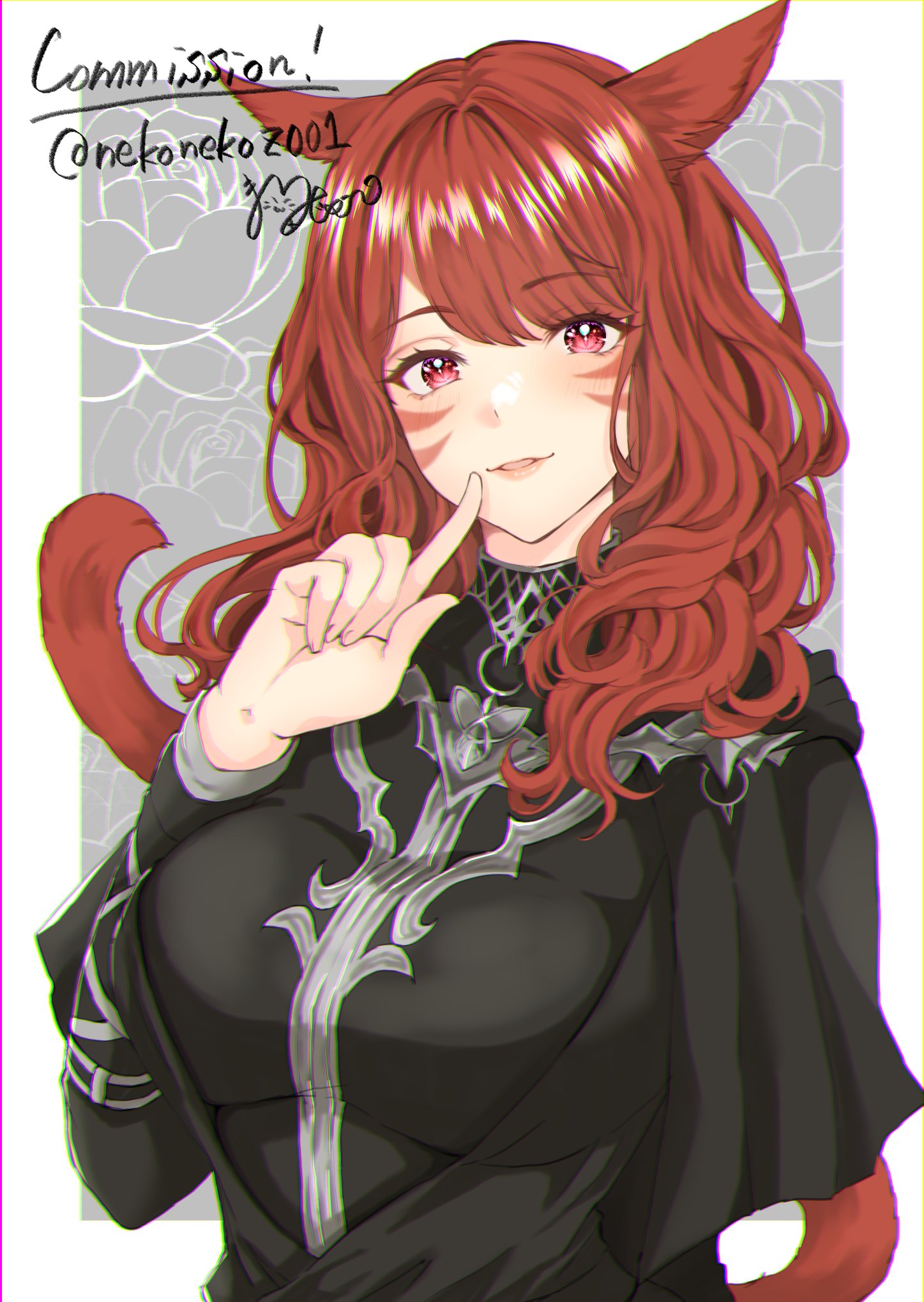 1girl animal_ears breasts cat_ears cat_tail commission facial_mark final_fantasy final_fantasy_xiv finger_to_mouth highres large_breasts long_hair looking_at_viewer miqo'te nekonekoz001 red_eyes red_hair slit_pupils solo tail twitter_username upper_body warrior_of_light_(ff14) whisker_markings