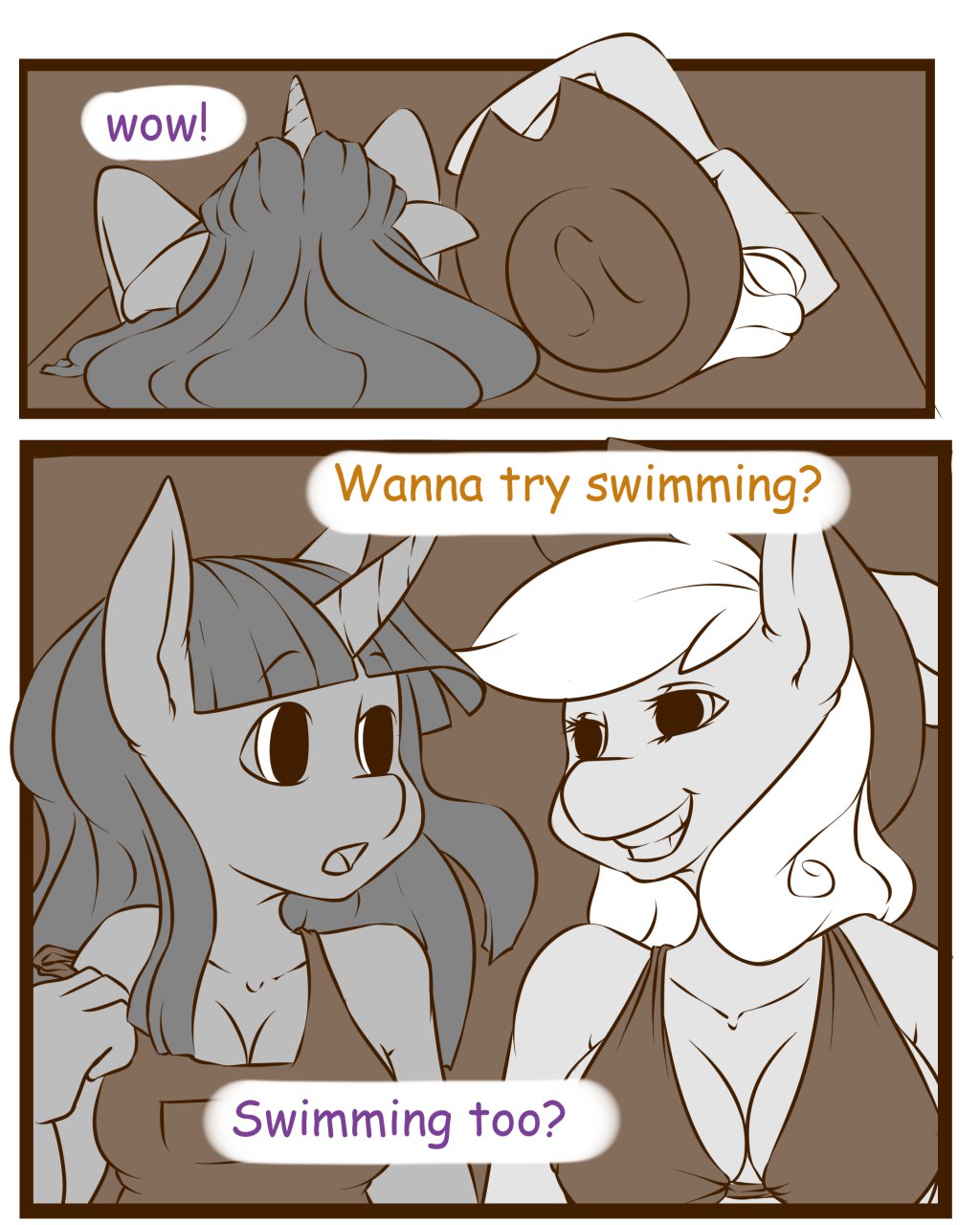 2013 ? after_sex anthro anthrofied applejack_(mlp) breast_fondling cleavage clothed clothing comic cowboy_hat dialog duo equine eyes_closed female fondling freckles friendship_is_magic hat horn horse licking lying magic mammal monochrome my_little_pony open_mouth pony smile swimsuit text tiki_san tongue twilight_sparkle_(mlp) unicorn