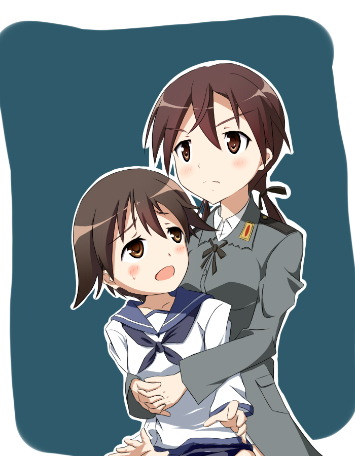 6954koiru bad_id bad_pixiv_id blue_background breasts brown_eyes brown_hair gertrud_barkhorn hands_clasped height_difference hug hug_from_behind medium_breasts military military_uniform miyafuji_yoshika multiple_girls open_mouth own_hands_together short_hair simple_background size_difference strike_witches uniform world_witches_series