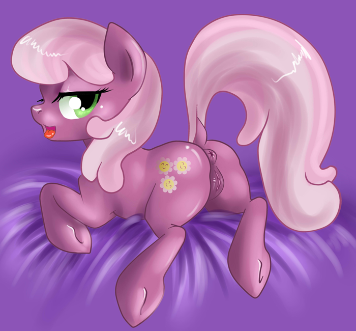 anus butt cheerilee_(mlp) cutie_mark equine female feral friendship_is_magic green_eyes hair horse looking_at_viewer looking_back lying mammal my_little_pony nude on_front open_mouth pink_hair pony pussy solo sugarcup two_tone_hair
