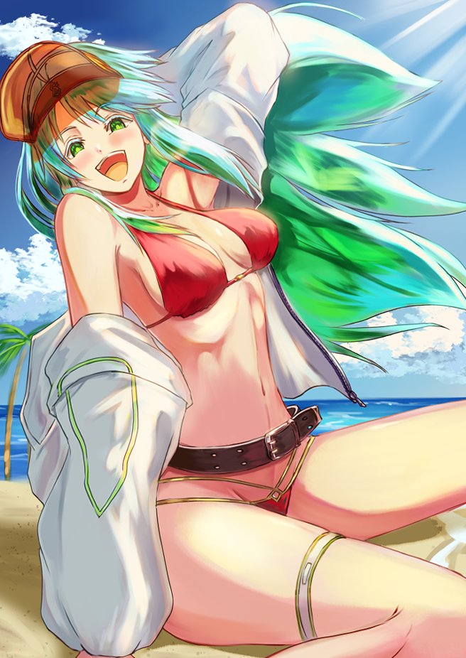 1girl arm_over_shoulder arm_up armpit_crease armpit_peek armpits bare_shoulders beach belt bikini blue_hair blue_sky blush breasts brown_belt cloud cloudy_sky coconut_tree collarbone day fate/grand_order fate_(series) green_eyes green_hair groin hip_bones inugami86 jacket jacket_over_swimsuit jacket_partially_removed kukulkan_(fate) kukulkan_(second_ascension)_(fate) long_hair looking_at_viewer loose_belt medium_breasts multicolored_hair navel ocean off_shoulder open_clothes open_jacket open_mouth outstretched_arm palm_tree red_bikini sand shade sideboob sidelocks sitting sky smile solo stomach string_bikini sunlight swimsuit teeth thigh_strap thighs tongue tree upper_teeth_only visor_cap wariza