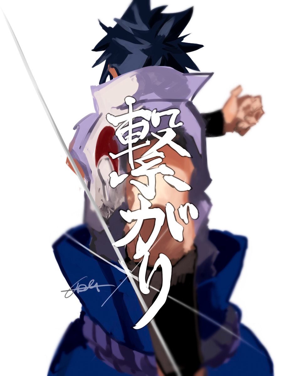 1boy back blue_hair collared_shirt commentary_request highres imamuu_(imamoon) male_focus naruto_(series) popped_collar rope shimenawa shirt simple_background solo translated uchiha_sasuke white_background white_shirt wristband