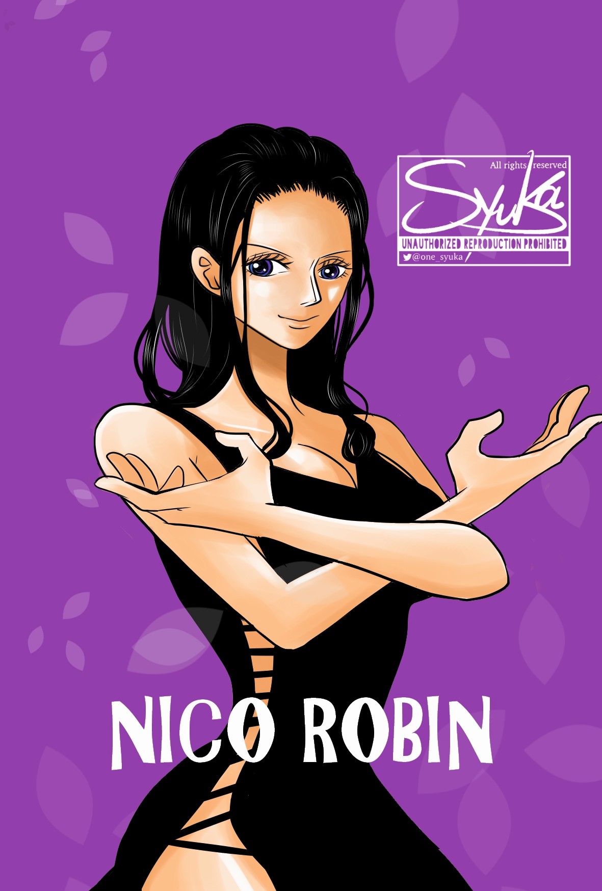 1girl black_dress black_hair commentary cowboy_shot crossed_arms dress hair_slicked_back highres long_hair looking_at_viewer nico_robin one_piece one_syuka petals purple_background sidelocks simple_background smile solo