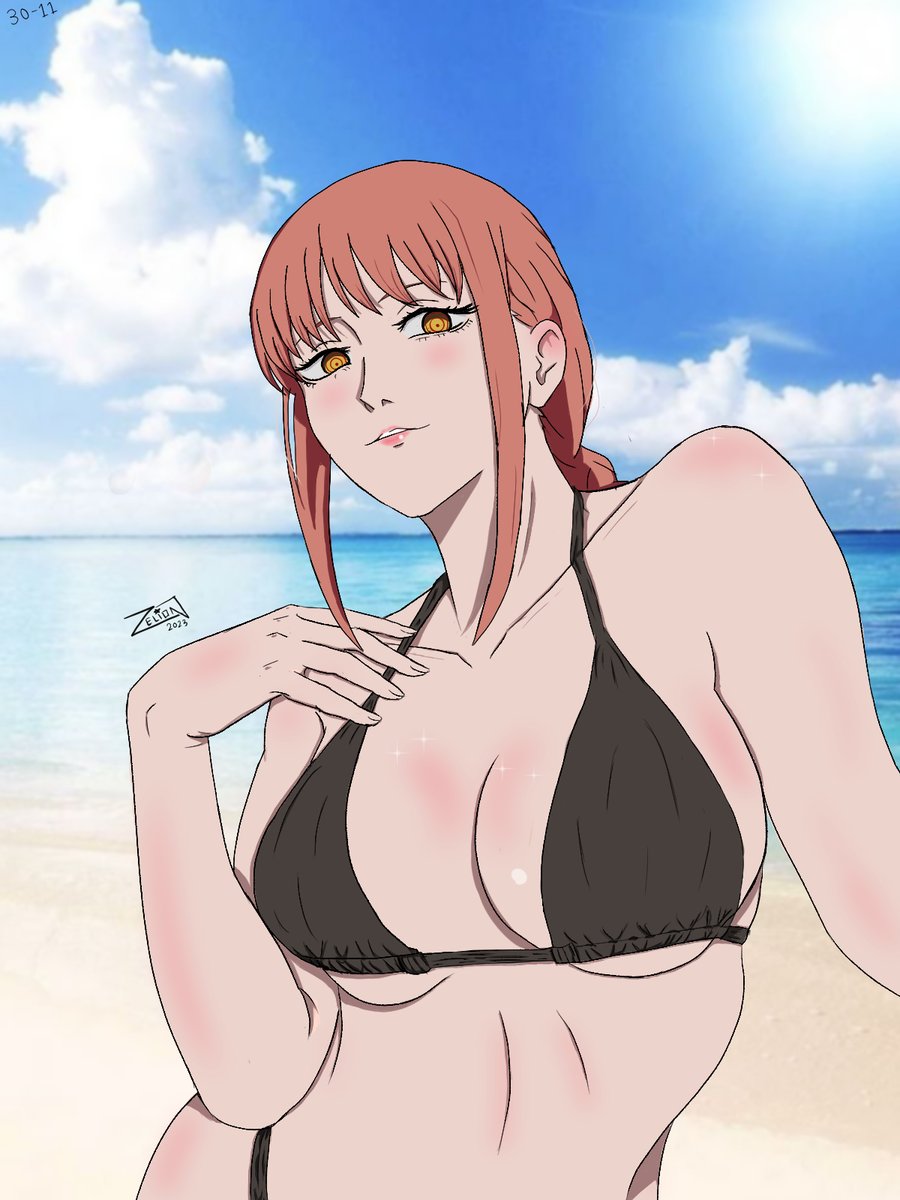 1girl beach bikini black_bikini blush breasts chainsaw_man cleavage drawing_tablet highres large_breasts long_hair looking_at_viewer makima_(chainsaw_man) red_eyes red_hair sky smile solo solo_focus swimsuit yellow_eyes zelionart