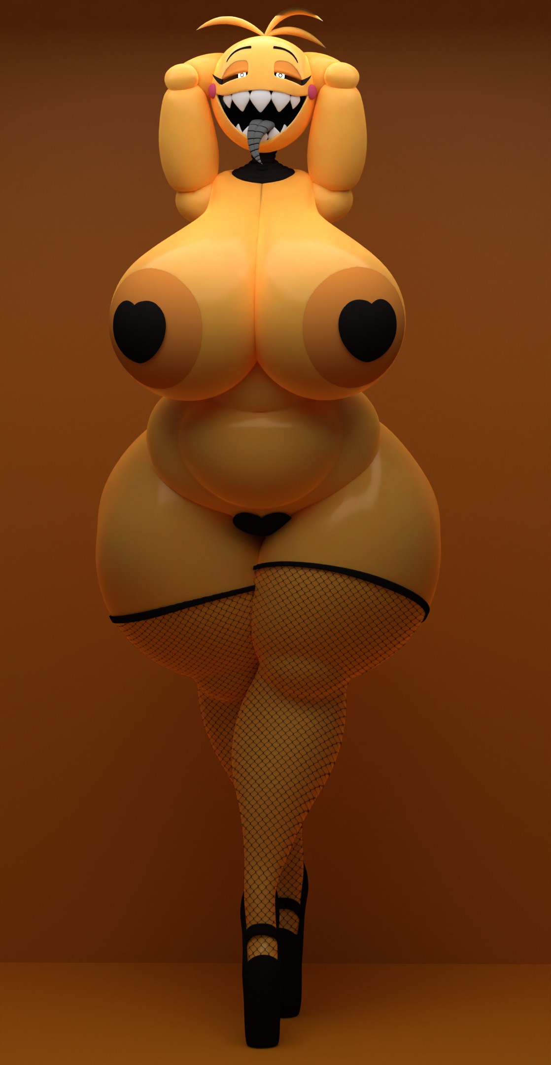 animatronic anthro avian big_breasts bird blender_(software) blender_cycles breasts chicken clothing female fishnet fishnet_legwear five_nights_at_freddy's five_nights_at_freddy's_2 footwear galliform gallus_(genus) hands_behind_back hi_res high_heels humanoid legwear looking_at_viewer machine open_mouth pasties phasianid platform_footwear platform_heels robot robot_humanoid scottgames sharp_teeth skippyarts solo teeth thick_thighs tongue tongue_out toy_chica_(fnaf)