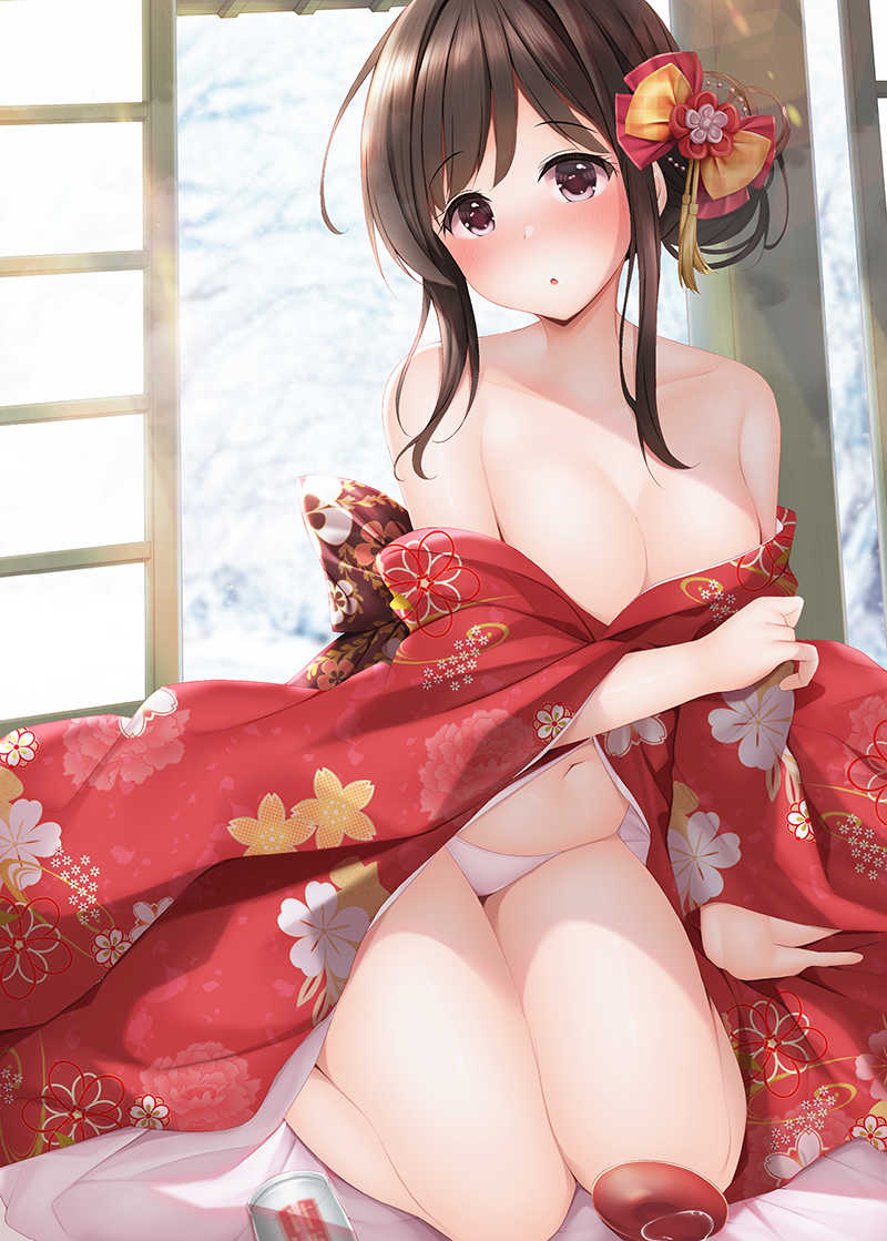 1girl blush breasts brown_eyes brown_hair choko_(cup) cleavage cup floral_print hair_ornament hair_ribbon indoors japanese_clothes kimono looking_at_viewer medium_breasts minato_ojitan navel off_shoulder open_clothes open_kimono original panties red_kimono ribbon sitting smile solo underwear wariza white_panties