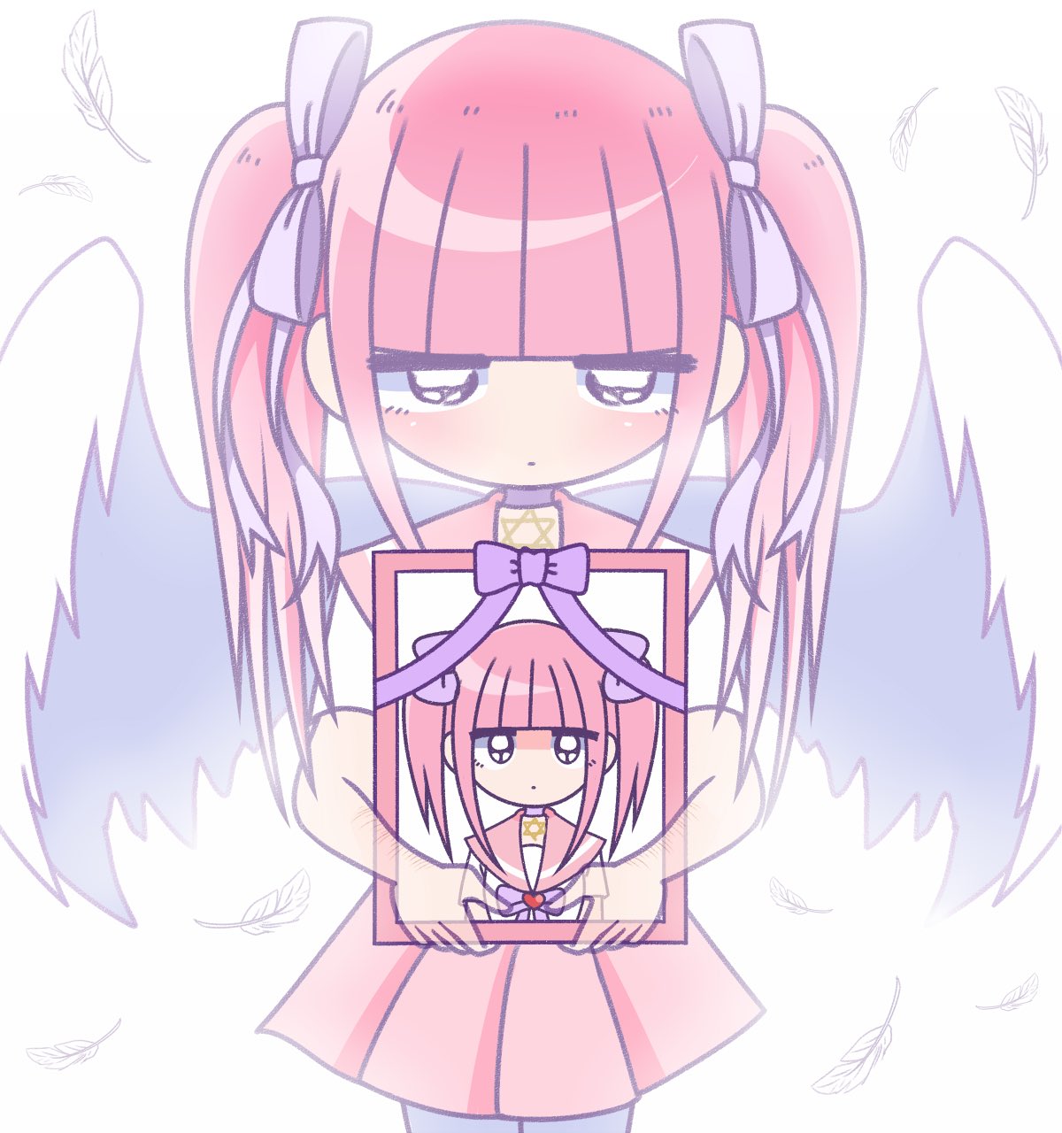 1girl angel angel_wings blunt_bangs blush closed_mouth collar ezaki_bisuko feathered_wings feathers ghost hair_ribbon hexagram highres holding holding_photo iei implied_death jewelry looking_at_viewer menhera-chan_(ezaki_bisuko) menhera-chan_(ezaki_bisuko)_(character) necklace photo_(object) picture_frame pink_hair pink_sailor_collar pleated_skirt purple_collar purple_eyes ribbon sad sailor_collar school_uniform serafuku short_hair sidelocks simple_background skirt solo star_of_david thighhighs transparent_limb twintails wavy_eyes white_background white_feathers white_serafuku white_thighhighs wings