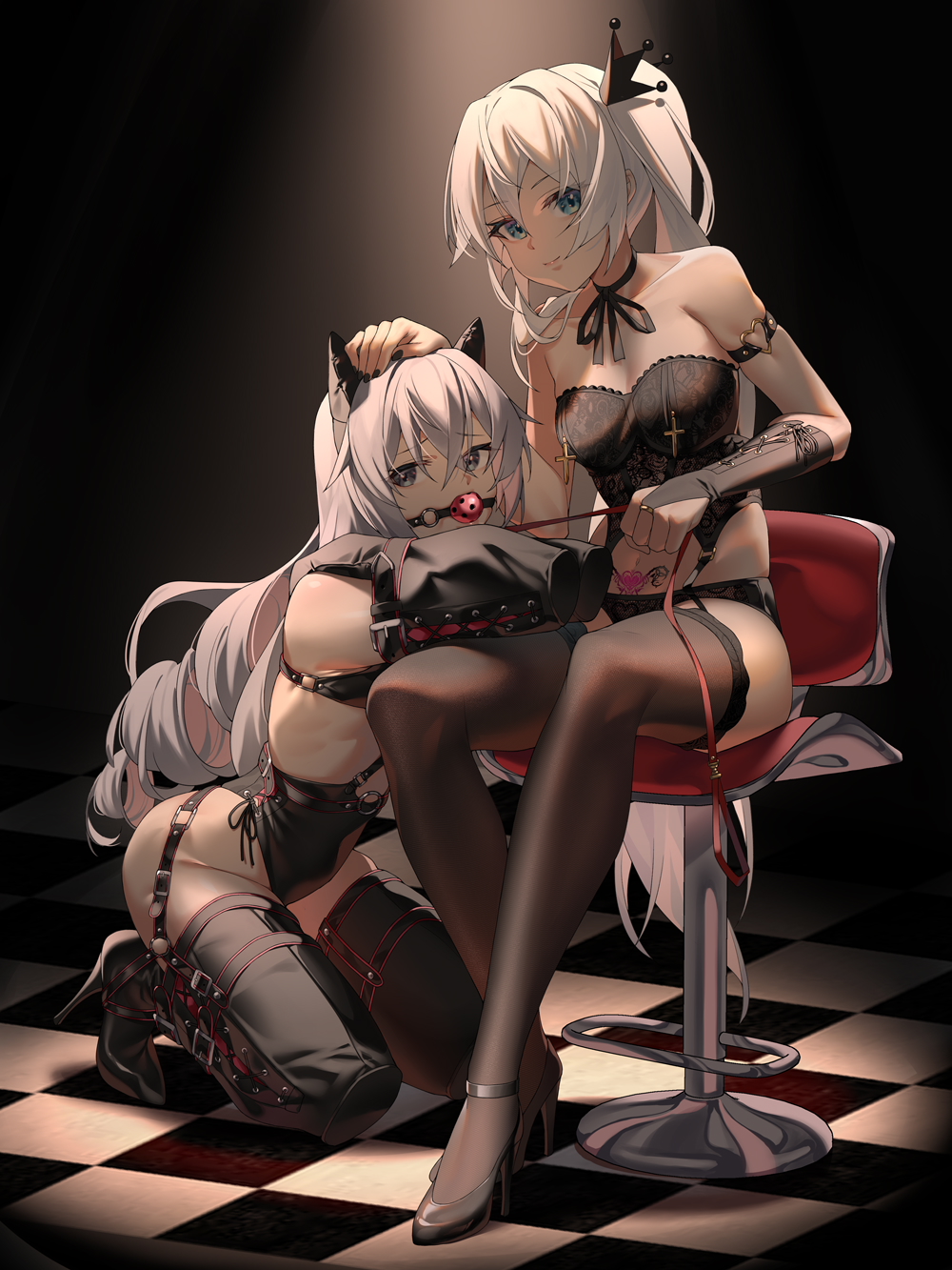2girls bdsm black_bow black_bra black_gloves black_panties black_ribbon blue_eyes bound bound_arms bound_legs bow bra breasts bronya_zaychik chinese_commentary commentary_request elbow_gloves full_body ginklaga gloves hair_bow hair_ribbon high_heels highres honkai_(series) honkai_impact_3rd human_dog long_hair medium_breasts multicolored_hair multiple_girls paid_reward_available panties pet_play ribbon small_breasts theresa_apocalypse thighhighs two-tone_hair underwear white_hair