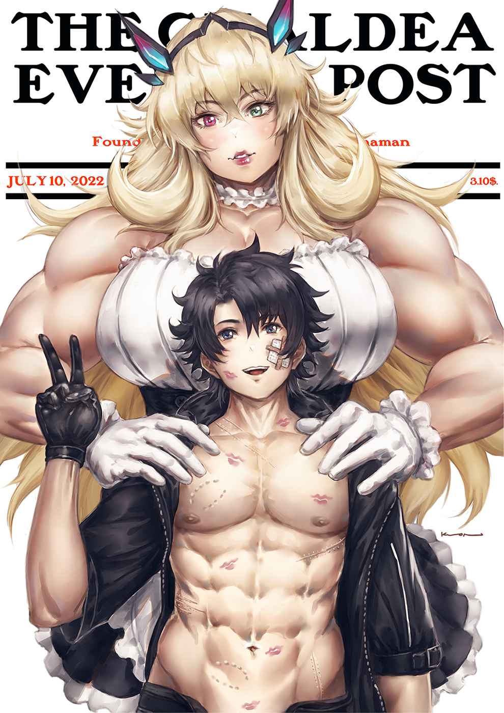 1boy 1girl abs bandaid bandaid_on_face bare_shoulders barghest_(fate) bite_mark black_gloves black_hair blonde_hair blue_eyes breasts choker commentary cover cover_page dated dress english_commentary english_text fate/grand_order fate_(series) frilled_choker frilled_dress frills fujimaru_ritsuka_(male) gloves green_eyes hands_on_another's_shoulders height_difference heterochromia highres huge_breasts kuon_(kwonchanji) lipstick_mark long_hair looking_at_viewer muscular muscular_female navel nipples open_clothes open_shirt red_eyes scratches short_hair smile tall_female the_saturday_evening_post thick_arms upper_body v very_long_hair white_background white_gloves