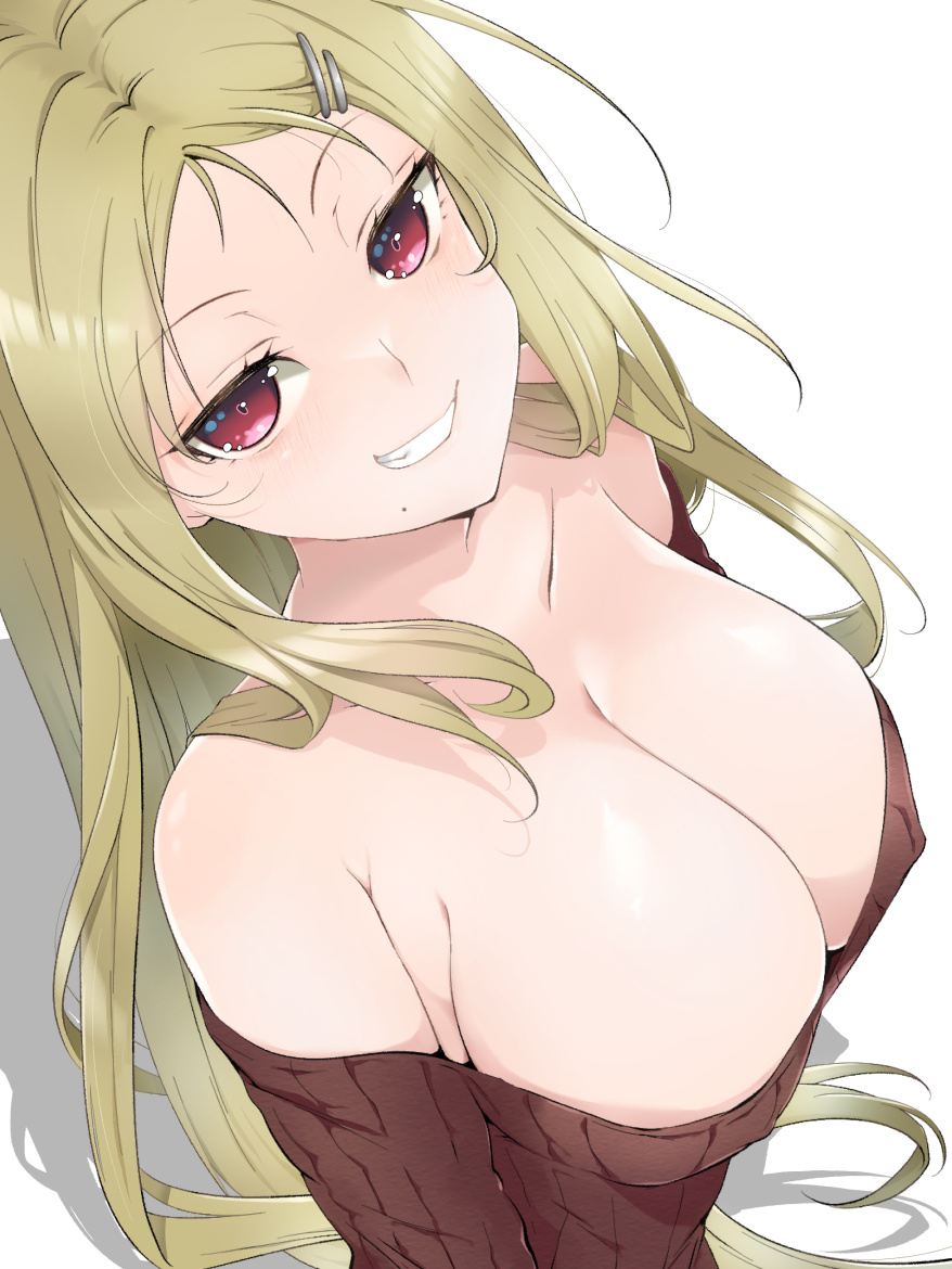 1girl armpit_crease bare_shoulders blonde_hair breasts brown_sweater cleavage from_above grin hair_ornament hairclip kinako_(mzknk0) large_breasts long_hair looking_at_viewer mole mole_under_mouth no_bra off-shoulder_sweater off_shoulder red_eyes senran_kagura shadow shiki_(senran_kagura) simple_background smile solo sweater tsurime upper_body white_background